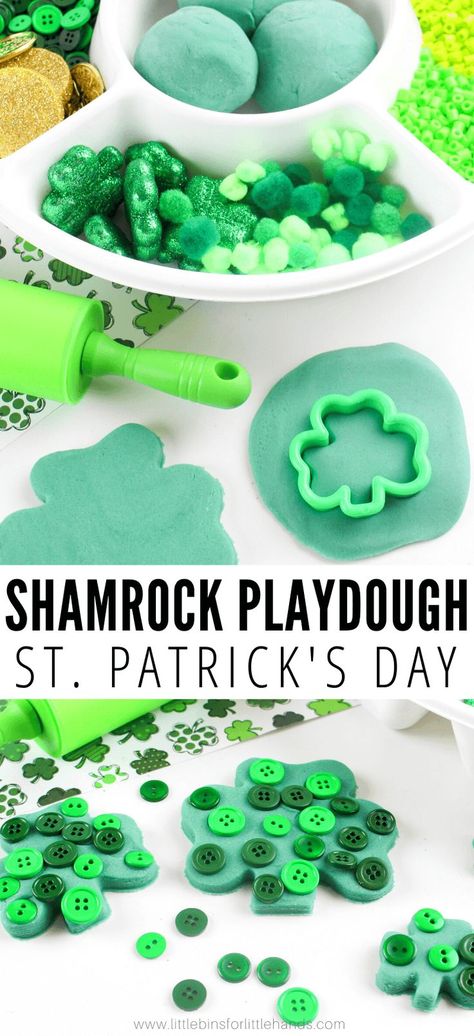 Shamrock Playdough For St Patrick's Day | Little Bins for Little Hands. The best playdough for preschool and elementary age kids. Celebrate St. Pattrick's Day in the classroom or at home with this fun hands on science lesson. A STEM activity for teachers to use in school and for parents to use at home with a homeschool curriculum. Create your own DIY playdough!  #diyplaydough #stpatricksday #classroomactivity Sensory Playdough, Easy Homemade Playdough Recipe, Playdough Activity, Playdough Sensory, Homemade Playdough Recipe, St Patricks Crafts, March Activities, St Patricks Day Crafts For Kids, St Patrick Day Activities