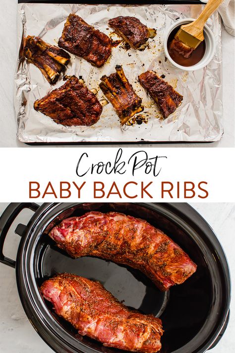 Crock Pot Baby Back Ribs are cooked in the slow cooker and then finished off with BBQ sauce under the broiler for a few minutes. Fall-off-the-bone tender, easy, and absolutely delicious! Freezing instructions included. #ribs #slowcooker #crockpot #recipe #freezermeal #freezercooking Ribs In Crockpot Then Oven, Easy Baby Back Ribs In Crock Pot, Crockpot Ribs Without Bbq Sauce, Crock Pot Baby Back Ribs Slow Cooker, Pork Baby Back Ribs Crock Pot, Crock Pot Ribs Recipe Slow Cooker, Slow Cooker Ribs Crock Pots, Baby Back Ribs In Crock Pot, Crock Pot Baby Back Ribs