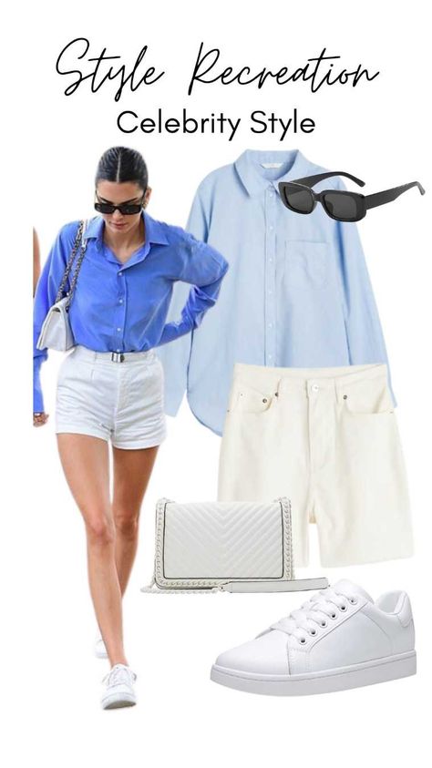 kendall Jenner outfit, blue button down shirt, white shorts, white sneakers, white bag, rectangular framed sunglasses Shorts And White Sneakers Outfit, Old Money Sneakers Outfit, Denim Shorts Outfit Summer Casual, White Denim Shorts Outfit, White Shorts Outfit Summer, Leather Sneakers Outfit, Kendall Jenner Summer, Longsleeves Outfit, Blue Shorts Outfit