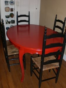 My red kitchen table. Red Kitchen Tables, Best Kitchen Cabinet Paint, Red Kitchens, Red Painted Furniture, Paint Table, Red Stuff, Table Redo, Red Chairs, Best Kitchen Cabinets