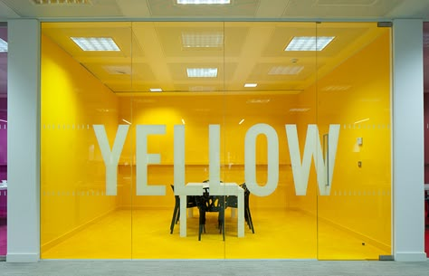 London’s Most Unique Offices | HubbleHQ Yellow Meeting Room, Design Office Interior, Yellow Office, Interior Design Office, Office Signage, Office Interior Design Modern, Room London, Unique Office, Glass Office