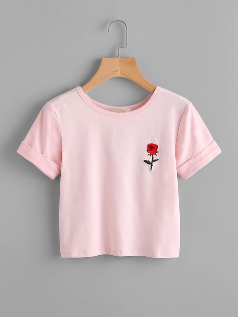 Shop Rose Embroidered Cuffed Tee online. SheIn offers Rose Embroidered Cuffed Tee & more to fit your fashionable needs. Te Shirt, Cropped Hoodie Outfit, Fashion Tops Blouse, Crop Top Outfits, Cute Crop Tops, Tween Outfits, Crop Top Shirts, Girls Fashion Clothes, Teen Fashion Outfits