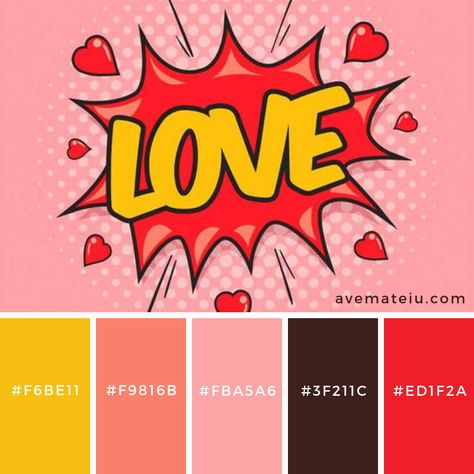 Love – Pop Art Color Palette #194 – Color combination, Color pallets, Color palettes, Color scheme, Color inspiration, Colour Palettes, Art, Inspiration, Vintage, Bright, Blue, Warm, Dark, Design, Yellow, Green, Grey, Red, Purple, Rustic, Fall, Autumn, Winter, Christmas 2019, Nature, Spring, Summer, Flowers, Sunset, Sunrise, Pantone https://avemateiu.com/color-palettes/ Lovely Color Palette, Pop Art Color Scheme, Pop Art Colour Palette, Color Pop Palette, Pop Art Palette, Pop Colour Palette, Pop Art Color Palette, Pop Color Palette, Love Color Palette