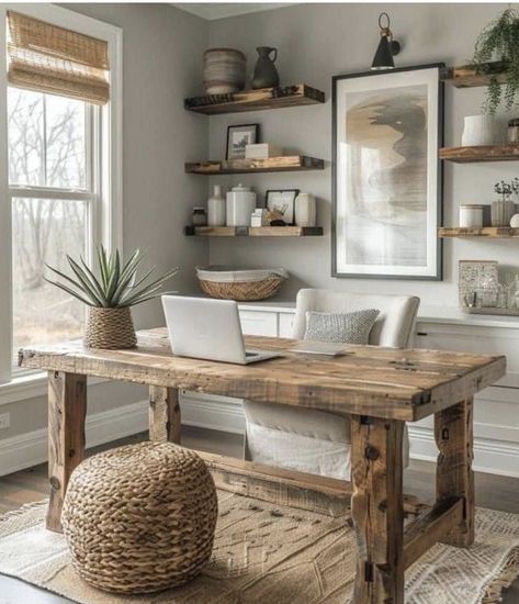 California Office Style, Office Redesign, Home Work Space Design, Modern Feminine Office, Office In The Living Room, French Country Office Ideas, Small Farmhouse Office Ideas, Home Office White, Cosy Office Ideas