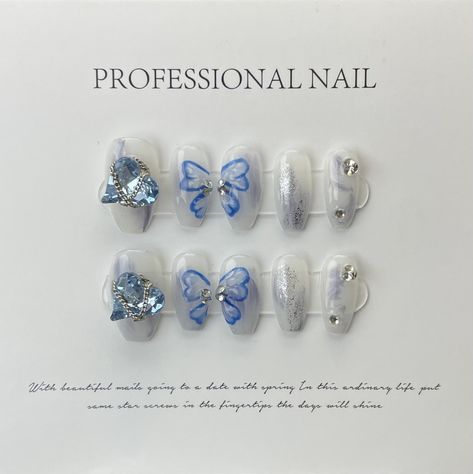 3d Nail Art Bow, Press On Nails Kawaii, Blue Xiaohongshu Nails, Cinnamoroll Press On Nails, Coquette Press On Nails, Customized Nails, Alt Jewelry, Young Nails, Pretty Gel Nails