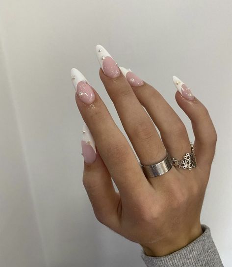 Almond French Nails Long, Long Almond Nails French, Fancy French Tip Nails, October Reset, Long Almond French Tip Nails, Long Almond Acrylic Nails, Heavenly Nails, Clear Glitter Nails, Short Coffin Nails Designs