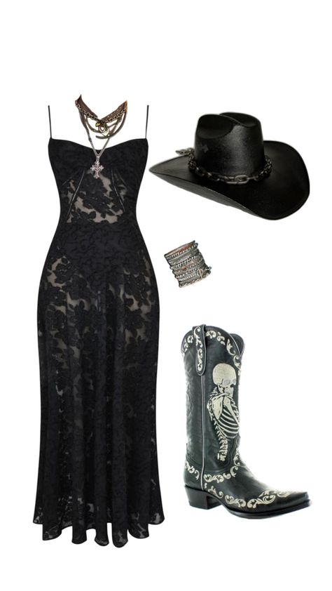 Goth girl cowgirl goth country outfit inspo all black country concert festival outfit inspo western Cowgirl Goth, Goth Country, Concert Festival Outfit, Black Cowgirl Outfit, Outfit Inspo Western, Country Festival Outfit, Cowgirl Halloween Costume, Festival Outfit Inspo, College Gameday Outfits