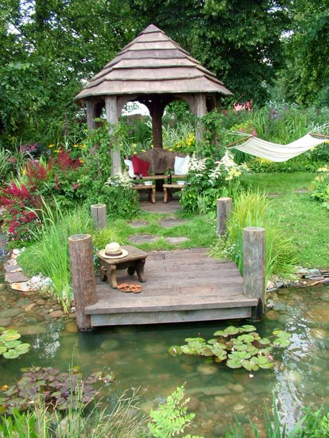 weathered wood gazebo with dock  and pond Wooden Garden Gazebo, Backyard Flowers Garden, Hampton Court Flower Show, Taman Air, Aquatic Garden, Wooden Gazebo, Pond Landscaping, Backyard Flowers, Australian Garden