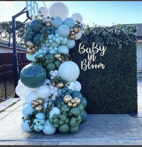 Balloon Decorations Blue And Green, Blue Green Tan Balloon Garland, Dusty Blue And Green Balloon Arch, Muted Blue And Green Balloon Garland, Light Blue And Green Balloon Garland, Baby Boy Balloons, Pretty Balloons, Its A Boy Balloons, Spring Baby Shower