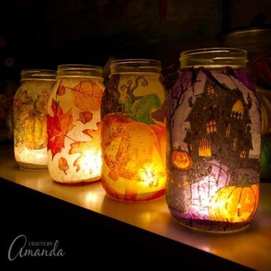 Mason Jar Crafts & DIY Projects - Crafts by Amanda Napkin Luminaries, Fall Mason Jar Crafts, Halloween Luminaries, Mason Jar Luminaries, Fall Napkins, Halloween Mason Jars, Fall Mason Jars, Mason Jar Projects, Mod Podge Crafts