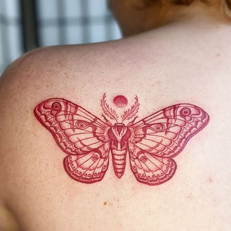 Owl Moth Tattoo, Red Patch Work Tattoo, Black And Red Moth Tattoo, Upper Back Tattoo Butterfly, Red Ink Moth Tattoo, Sunset Moth Tattoo, Moth Tattoos For Women Leg, Maple Moth Tattoo, Red Spider Tattoo