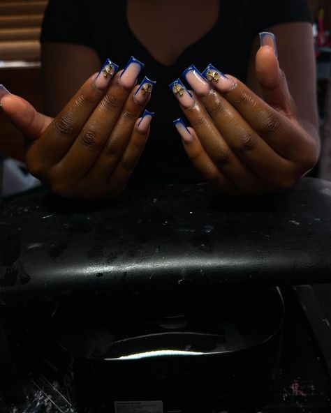 Blue french set with gold cross - - - - - - - #nailsnailsnails #nails #explore Nails With Cross, Cross Nails, Navy Blue Nails, Blue French, Gold Cross, Blue And Gold, Blue Nails, Navy Blue, Navy