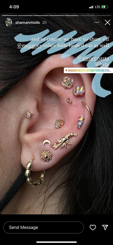 Flat Piercing Aesthetic, Flat Ear Piercing, Flat Piercing Ideas, Maxamilist Ear Piercings, Alt Ear Piercings Aesthetic, Ear Piercing Sets Grunge, Curated Ear Piercing Maximalist, Cartlidge Earrings, Curated Ear With Industrial