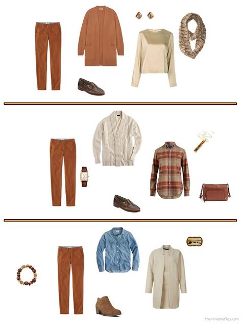 three ways to wear rust pants from a cool weather travel capsule wardrobe What Colors Go With Rust Outfit, What To Wear With Rust Colored Pants, Rust Pants Outfit Fall, Rust Pants Outfit Work, Rust Colored Pants Outfit, Rust Pants Outfit, Rust Pants, Colored Jeans Outfits, Heart Nebula