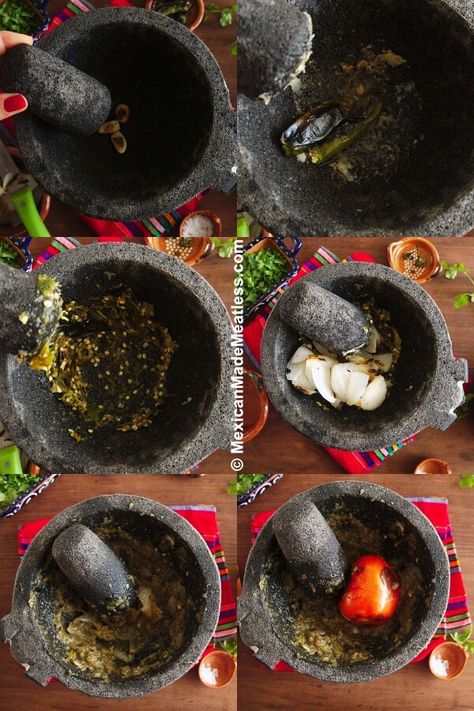 Molcajete Salsa Recipe | Salsa Molcajeteada | Mexican Made Meatless™ Molcajete Salsa Recipe, Molcajete Recipe, Mortar And Pestle Recipes, Molcajete Salsa, Vegan Salsa, Bean Dips, Mexican Main Dishes, Salsa And Guacamole, Mexican Salsa Recipes