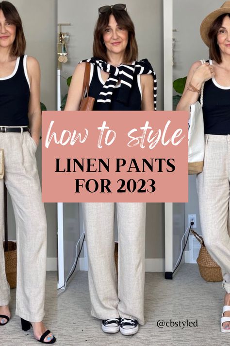 High Waist Linen Pants Outfits, Linen Wide Leg Pants Outfits Summer, How To Style Linen Pants Casual Summer, White Linen Pants Outfit Summer Casual, Womens Linen Pants Outfit Summer, Wide Leg Linen Pants Outfit Work, How To Wear White Linen Pants, White Linen Pants Outfit Work, Shoes To Wear With Linen Pants