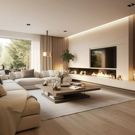 Design Open Space Living Room, Relaxed Luxury Interior, Beige Living Room With Fireplace, Modern Beige Interior, Modern Living Area Design Interiors, Modern Warm Home Aesthetic, Minimalist Lounge Room, Large Sofas Living Room, Light Parquet Flooring