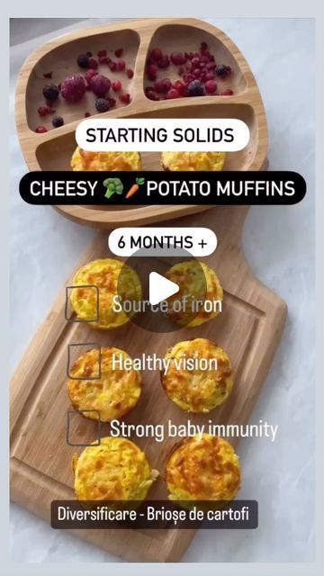 Organic Homemade 6+ on Instagram: "RECIPE in 🇬🇧| 🇷🇴
🥦Cheesy potato muffins for babies and toddlers.
These potato muffins are suitable from 6 months.
Ingredients to make 12 muffins.
-3 eggs
-2 medium potatoes 
-one carrot 
-3 Brocoli florets
-30g grated mild cheddar
-1 TBS of flour 
-2 TBS of Greek yogurt 
Sprinkle Pepper and garlic powder (optional)
Method:
Peel the potatoes and wash them . Boil the potatoes and the peeled carrot.
Steam the broccoli.
Grate the potatoes.Grate the cheddar.mash the broccoli with a fork. 
Add the vegetables to a bowl and whisk with the eggs, yogurt and flour.
Grease the muffin tray and bake for 15 min at 180 ° C.
Bon appetite! 
🇷🇴Brioșe de cartofi - prânz ideal pentru autoservire bebe
Ingrediente:
-2 cartofi medii
-3 buchetele de broccoli 
-O lingură de Family Meal Prep, Baby Muffins, Potato Muffins, Baby Recipes, Homemade Muffins, Muffin Tray, 3 Eggs, Bon Appetite, Cheesy Potatoes