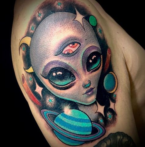 Green Alien Tattoo, Golden Rule Tattoo, Alien Tattoos, Mars Attack, Tail Tattoo, Alien Theories, 90s Tattoos, Colored Tattoo Design, Neo Tattoo