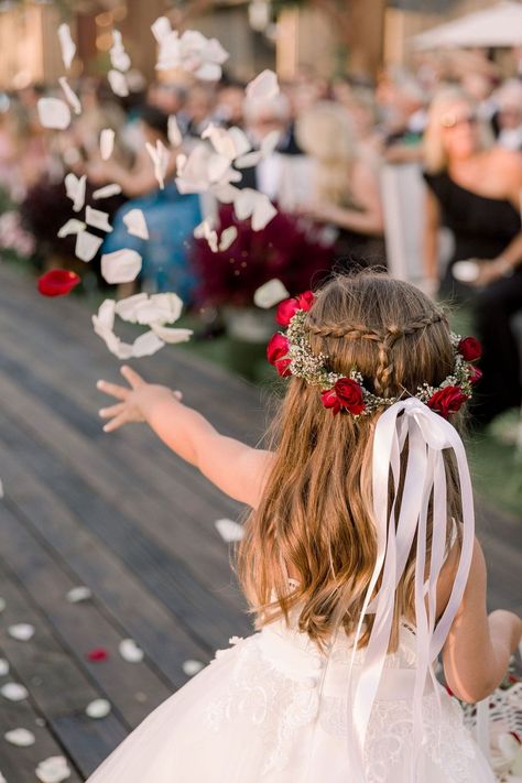 Wedding Photos With Children, Flower Crown Wedding Flower Girl, Mum Wedding, Flower Girl Inspiration, Red Flower Crown, Ojai Valley Inn, Flower Girl Petals, Ojai Valley, Opulent Wedding