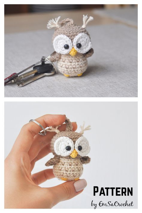 Amigurumi Owl Keychain, Keyring Crochet Pattern, Small Crocheted Gifts Ideas, Knitted Keychain Pattern, Owl Keychain Crochet Pattern Free, Small Amigurumi Crochet Pattern Free, Minigurumi Free Pattern, Owl Keychain Crochet, Crocheted Keychains Free