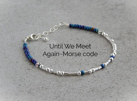 "This Morse code bracelet makes a great memorial bracelet for anyone.  It would also make a great pet sympathy bracelet. Sympathy jewelry is a great way to keep that special someone close to your heart. Details: ~Bracelet measures 7\" with a 1\" extension ~Made of blue glass seed beads ~Finished with a lobster clasp ~A silver round bead hangs from the extension All jewelry comes in a gift box with a bow already for gift giving so you don't have to worry about wrapping it. It will also come with Diy Jewelry Making Tutorials, Memorial Bracelet, Morse Code Bracelet, Morse Code, Clay Bracelet, Diy Bracelets Patterns, Minimalist Bracelet, Buying Jewelry, Blue Bracelet