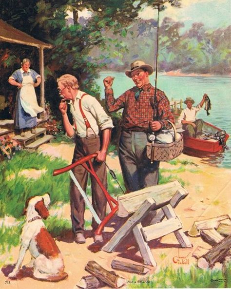 Calendar Illustration, Lumberjack Party, Arte Peculiar, Illustrated Art, Norman Rockwell, Camping Trip, Outdoor Art, Fish Art, Lumberjack