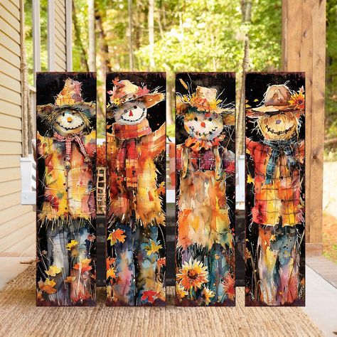 Celebrate the autumn season with the 36in Fall Scarecrow Porch Sign, a delightful addition to your outdoor decor. This charming sign features a whimsical watercolor scarecrow design, perfect for adding a festive touch to your front door, yard, or garden. Crafted from high-quality wood, this durable sign is designed to withstand various weather conditions, ensuring it remains a standout piece year after year. The vibrant colors and intricate details capture the essence of fall, making it a charming addition to your seasonal decor. Standing at 36 inches tall, it makes a bold and eye-catching statement on your porch or in your garden. Easy to install, this versatile sign enhances the visual appeal of your outdoor spaces, creating a warm and inviting atmosphere for all your fall celebrations. Fall Decorated Front Porch, Fall Picket Fence Decor, Fall Painted Signs On Wood, Fall Front Yard Decorations, Making Scarecrows, Watercolor Scarecrow, Fall Porch Leaners, Fall Decor For Front Door, Fall Porch Signs