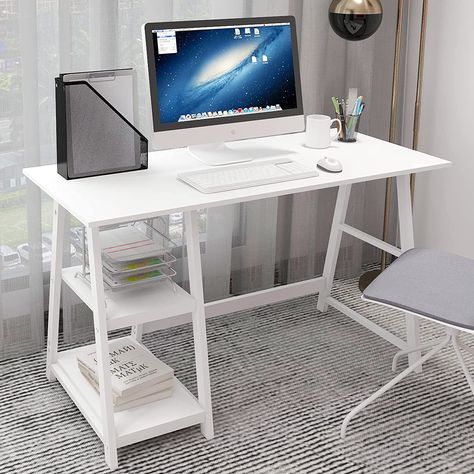 Natwind 43″ White Desk Home Office Computer Working Student Study Table with 2-Tier Storage Bookshelves Modern Simple Study Laptop Writing Elegant Style Desk Workstation for Office Home White - Walmart.com White Desk Home Office, Home Office White Desk, Bookshelves Modern, Study Laptop, Working Student, Laptop Writing, Cheap Desk, Office Supply Storage, Desk Workstation