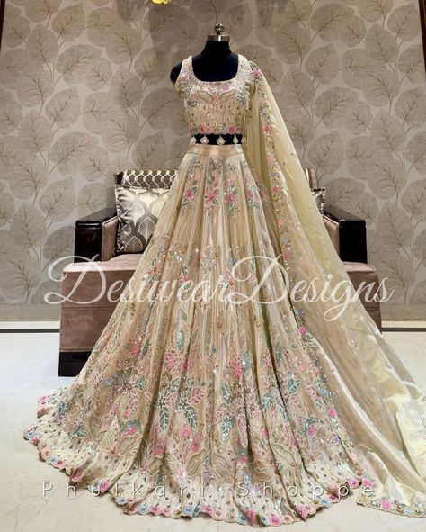 Made to Order/Measurement/Custom Order Lehenga - Color : cream - Fabric : Embroidered  tishu silk - Fully flared paneled lehenga - Embroidered  Blouse -  Net Dupatta with Gold Border - Drawstring closure with Tassels - - It can be customize in any design or size  PLEASE NOTE: BUYERS ARE RESPONSIBLE FOR ANY CUSTOMS AND IMPORT TAXES THAT MAY APPLY. This is a made to order product. If you opt for 'Made To Measurement Option', we will provide a measurement template and you can share the measurements Lenghas For Prom, Tissue Lehenga Designs, New Trend Lehenga Designs, Tissue Silk Lehenga, Trending Lehenga Designs, New Lehenga Design, Cream Lehenga, Cream Wedding Dress, Wedding Dress For Women