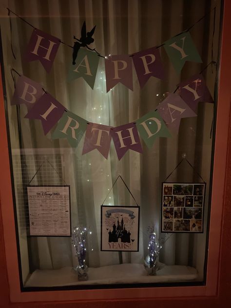 Decorations on our POP Century Disney Resort window. Celebrating my sisters Birthday!! Pop Century Window Decorations, Disney Hotel Window Decorations, Disney Window Decoration, Decorated Windows, Room Window Decor, Dream Condo, Hotel Window, Disney Room, Pop Century