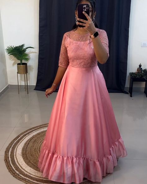 Exclusive arrival 💗 DM US FOR ORDER 7997018094 RATE 999/- Dream in Pastel Pink! 💕✨ Elevate your style with this stunning pastel pink party wear gown Dress is made of classy shinning rangoli fabric and yoke part front and back side butterfly net with beautiful embroidery and sequence work . It features an elegant style, a boat neckline and this designer outfit look perfect party wear for this season! Material: classy rangoli double shade fabric Complete crepe linning material Flair: ... Net Fabric Dress Design, Pastel Pink Party, Side Butterfly, Butterfly Net, Designer Outfit, Party Wear Gown, Kids Lehenga, Saree Gown, Frock For Women