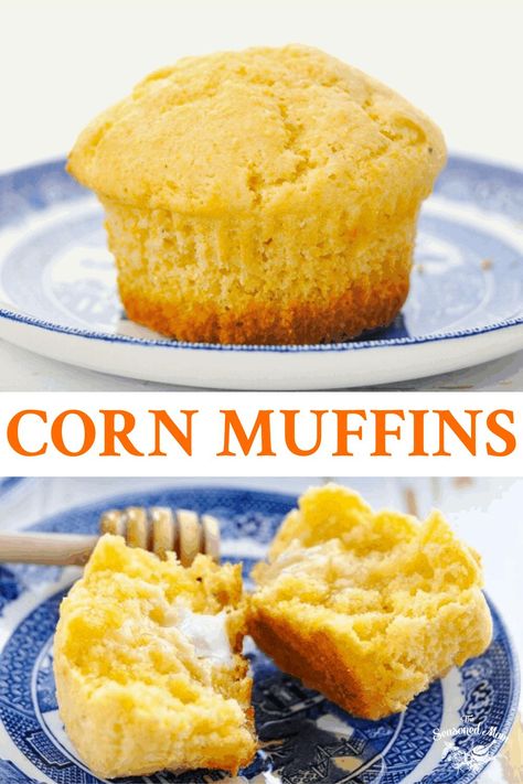 These fluffy and moist bakery-style Corn Muffins are a perfect side dish for chili, barbecue or any other family meal. You can whip up the batter for the sweet, tender muffins in just 10 minutes! Cornbread Muffins | Buttermilk Corn Muffins Corn Flour Muffins, Moist Sweet Cornbread, Moist Corn Muffins, Buttermilk Corn Muffins, Brekky Ideas, Corn Flour Recipes, Sweet Cornbread Muffins, Buttermilk Muffins, Cornmeal Muffins