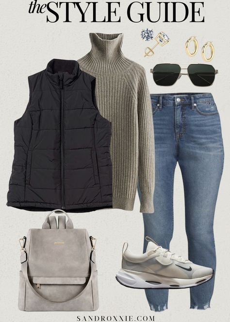 Soccer Mom Winter Outfit, Silver Puffer Vest Outfit, Jeans And Puffer Vest Outfit, Sports Mom Outfit Winter, Body Warmer Outfit Women, Calgary Outfits, Denim Shacket Outfit, Black Puffer Vest Outfit, Mom Outfits Winter