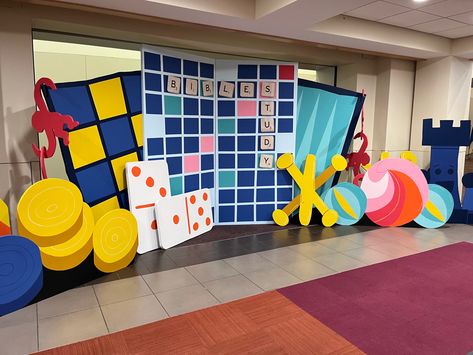 Connect Four Decorations, Board Games Theme Party Decorations, Life Size Chutes And Ladders, Board Game Backdrop, Board Game Balloon Arch, Game Board Decorations, Giant Board Game Decorations, Board Game Hallway Decorations, Board Game Decorations Classroom