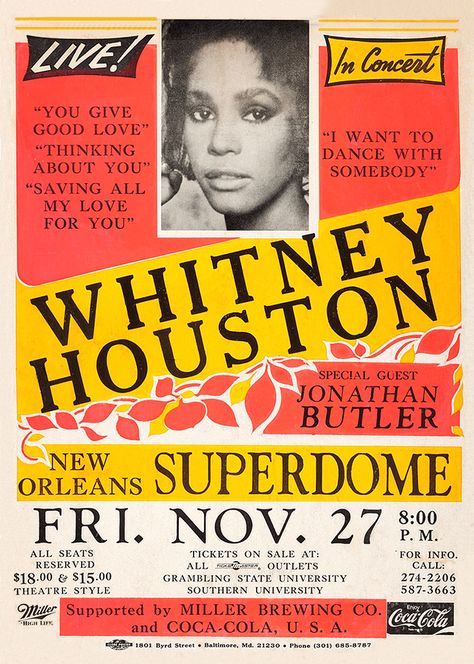 Whitney Houston 1987 New Orleans Houston Poster, New Orleans Superdome, Houston Design, Music Concert Posters, Vintage Music Posters, Music Poster Design, Guinness World Records, Concert Poster, Rock Concert