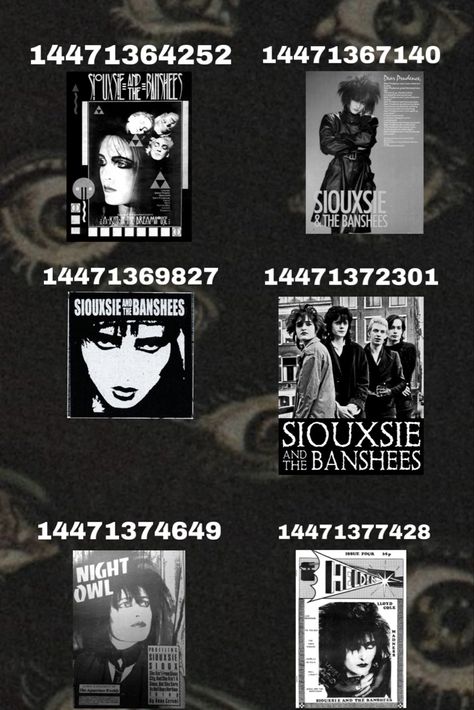 Siouxsie and the Banshees goth roblox decal code poster grunge poster wallprint bloxburg Emo Room, Royale High Journal Ideas, Goth Houses, Modern Decals, Bloxburg Decals Codes Aesthetic, Siouxsie And The Banshees, Grunge Posters, Roblox Image Ids, Bloxburg Decals Codes Wallpaper