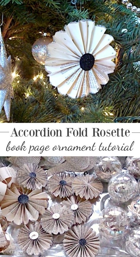 Paper Stars From Book Pages, Rolled Paper Ornaments, Christmas Ornaments Made From Old Book Pages, Accordion Paper Craft, Accordian Paper Ornaments, Hymnal Ornaments Diy, Book Paper Crafts Diy, Vintage Paper Ornaments, Ornaments Made From Book Pages