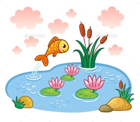 The fish jumps into the pond. Vector illustration with lake and fish. The Pond, The Fish, Vector Images, Vector Illustration, Arts And Crafts, Lake, Fish, Water, Flowers