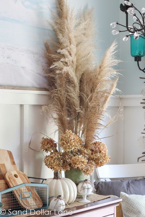 decorating with pampas grass Decorating With Pampas, Decorate With Pampas, Coastal Cottage Decorating, Coastal Fall, Simple Dining Table, Large Glass Jars, Farmhouse Style Table, Pampas Grass Decor, Fall Home Tour