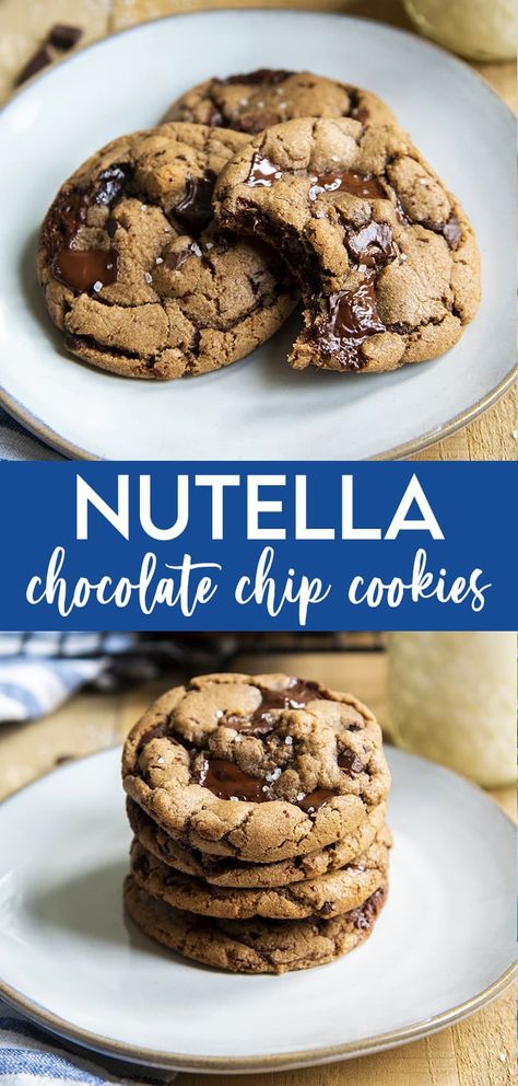 These Nutella chocolate chip cookies are delicious, chewy, Nutella based cookies loaded with chocolate chips. Chewy Nutella Cookies, Nutella Soft Cookies, Christmas Cookies With Nutella, Cookies With Nutella Recipes, Nuttela Cookies Recipes, Chocolate Chips Desserts, Chocolate Chip Cookies With Nutella, Baking Recipes Nutella, Baking Recipes With Nutella