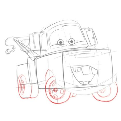 Tow Mater Drawing, Cars Movie Drawing, Cars Movie Tattoo, Draw Lightning Mcqueen, Draw Lightning, Trucker Tattoo, Truck Sketch, Cars Bedroom, Tutorial On Drawing