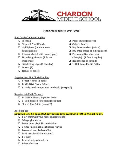 5th Grade Supply List-2024-2025.pdf Plastic Folders, Disinfecting Wipes, Pocket Folder, Supply List, Composition Notebook, Fifth Grade, Dry Erase Markers, Pencil Pouch, 5th Grades