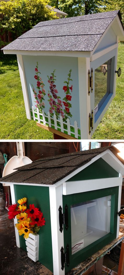 How To Build A Little Free Library, Little Free Library Painting Ideas, Little Library Painting Ideas, Little Library Plans Diy, Painted Hollyhocks, Free Little Library Ideas, Free Library Box Ideas, Little Library Ideas, Little Free Library Ideas