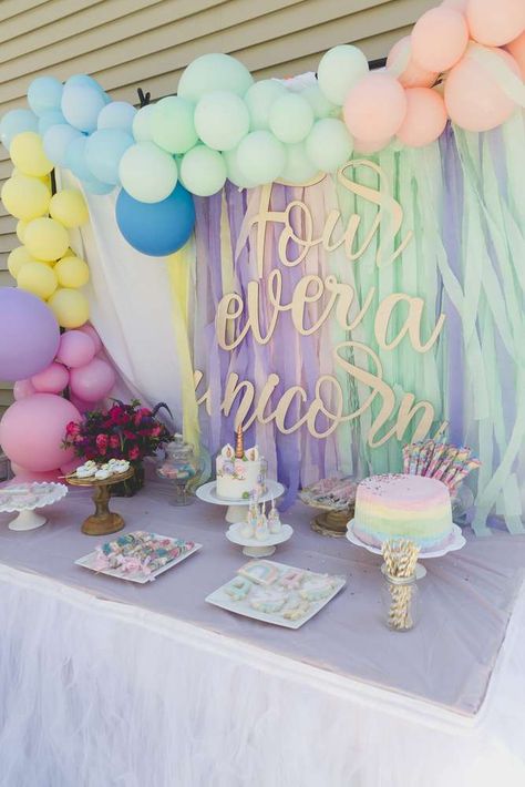 Unicorn Birthday Party Ideas | Photo 2 of 22 | Catch My Party Unicorn Dessert Table, Unicorn Birthday Party Ideas, Unicorn Desserts, 4th Birthday Party, Unicorn Themed Birthday Party, Rainbow Birthday Cake, Rainbow Unicorn Birthday, Birthday Unicorn, Unicorn Birthday Party