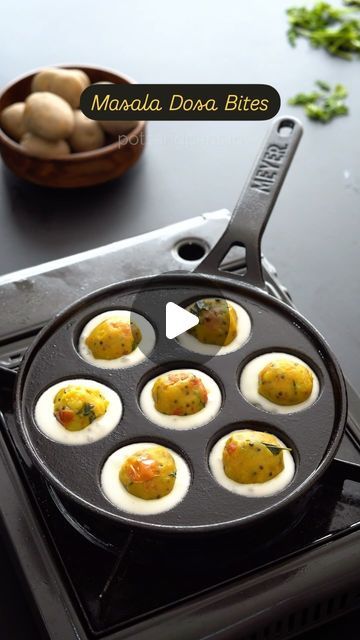 PotsandPans 🍳🥘  India's First International Cookware Store on Instagram: "Masala Dosa Bites recipe 

Ingredients:
Oil - 1 tbsp
Mustard seeds - 1 tsp
Asafoetida - pinch
Tomato - 2 tbsp
Green chilies and ginger paste - 1 tsp
Boiled potatoes - 1 cup
Sugar - 1 tsp
Lemon juice - 1 tsp
Coriander
Salt
Butter
Dosa Batter as required 

Steps:
1) Start by making the potato filling , for this heat some oil in a pan/kadai.
2)Add in the mustard seeds along with the hing and cook for 45-60 seconds.
3) Add in the turmeric powder and red chilli powder and cook for an additional 30 seconds before adding in the kadi patta.
4)add in the boiled mashed potatoes and cook everything for 2-3 minutes.
5)Finish the filling with a squeeze of fresh lemon juice and sugar.
6) now lets make the appe, for this add in d Masala Dosa Potato Recipe, Instant Dosa Batter Recipe, Egg Butter Masala, Potato Masala For Dosa, Paniyaram Recipes, Pesarattu Dosa, Dosa Batter, Masala Dosa, Potato Filling