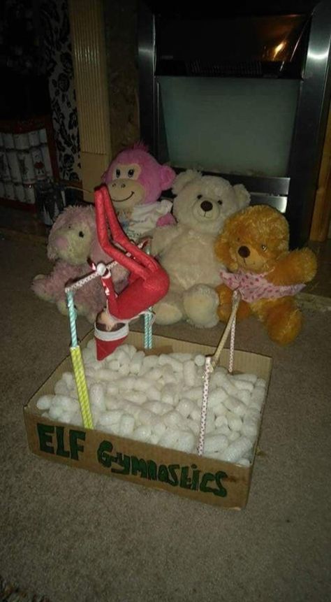 Elf On Shelf Gymnastics, Elf On The Shelf Gymnastics, Gymnastics Elf On The Shelf, Group Elf On The Shelf Ideas, Elf On The Shelf Stocking Ideas, Elf On The Shelf Gymnastics Ideas, Elf Gymnastics, Elf On The Shelf Nerf, Girl Elf On The Shelf Ideas