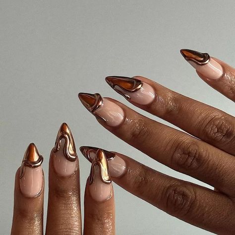 "Chocolate Chrome" Manis Give Your Brown Polish a Glow-Up Fall Gel Nail Ideas, Chocolate Chrome, Gel Nail Ideas, Brown Chrome, Chrome Manicure, Long Almond Nails, Brown Nail, Brown Nails Design, Milky Nails