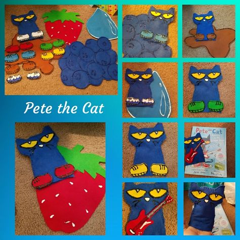 Easy DIY felt story retell pieces for Pete the Cat stories. Puppet. Dramatic Play. Pete The Cat Circle Time Activities, Pete The Cat Dramatic Play, Pete The Cat Puppet, Pete The Cat Activities For Preschoolers, Kindergarten Tutoring, Cat Daycare, Flannel Stories, Retelling Activities, Story Retelling