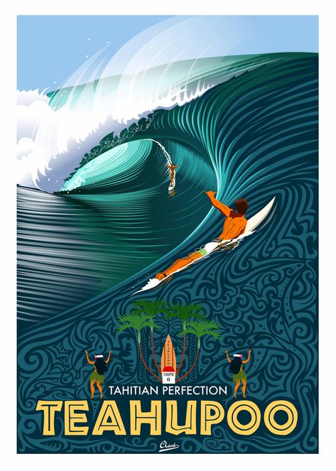 #vintage #illustration #travel #poster by Damien Clavé Teahupoo Tahiti, Surf Vintage, Dengeki Daisy, Waves Photos, Surf Poster, 타이포그래피 포스터 디자인, Samurai Tattoo, Surf Tshirt, Vintage Surf